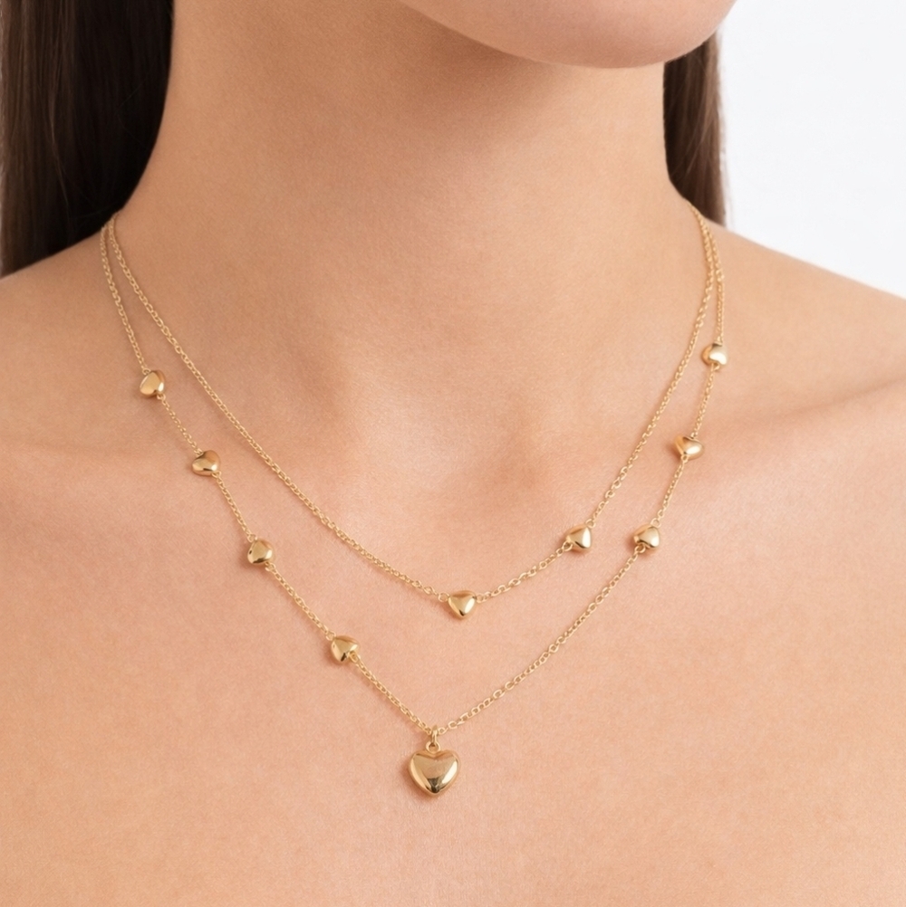 Gold Plated Layered Heart Charm Necklace | Chic Multi-Layer Chain | OS